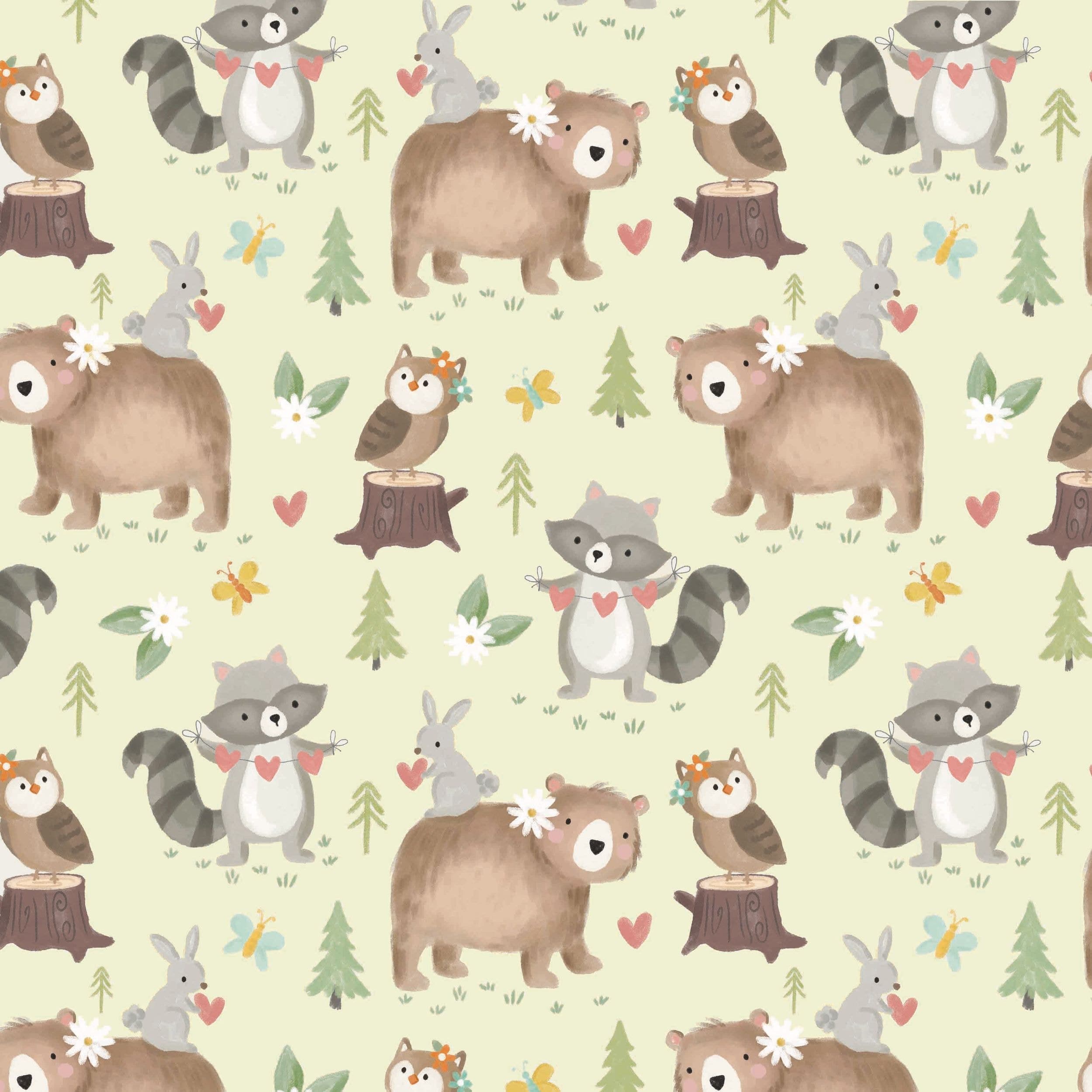 Racoons/Bear/Owl Gift Wrapping Paper, Yellow/Brown, 16-ft, for Baby Shower