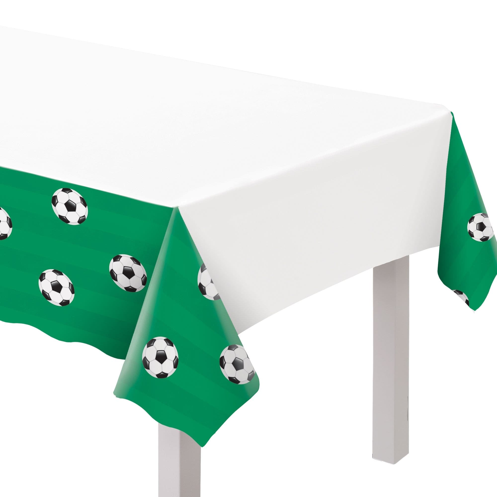 Soccer Themed Rectangle Plastic Reusable Table Cover, White, 54-in x 102-in, for Birthday/Sports Party