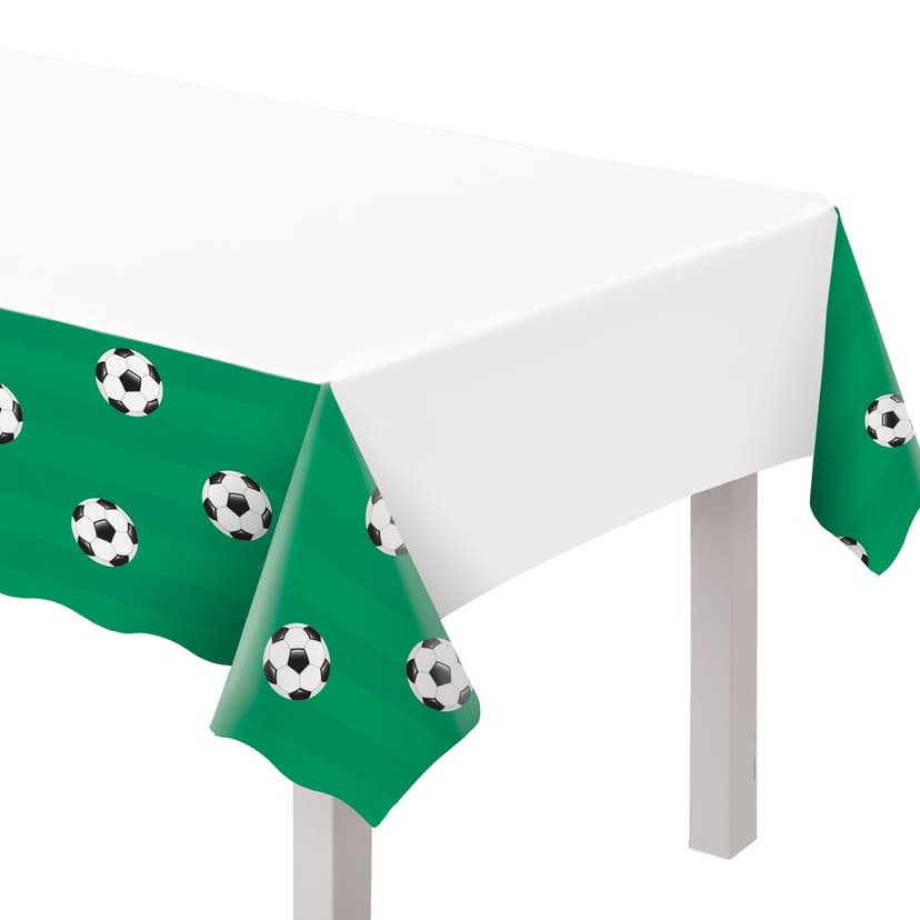 Soccer Themed Rectangle Plastic Reusable Table Cover, White, 54-in x 102-in, for Birthday/Sports Party