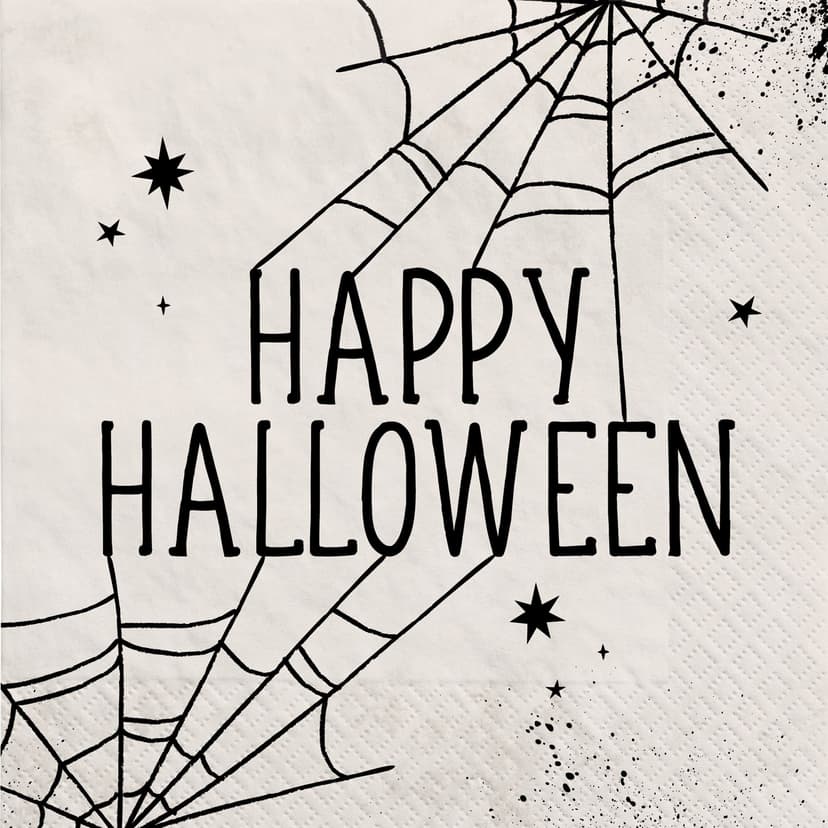 "Happy Halloween" Square Paper Disposable Lunch Napkins, Black/White, Spider Web, 6.5-in, 40-pk, 2-ply, for Halloween