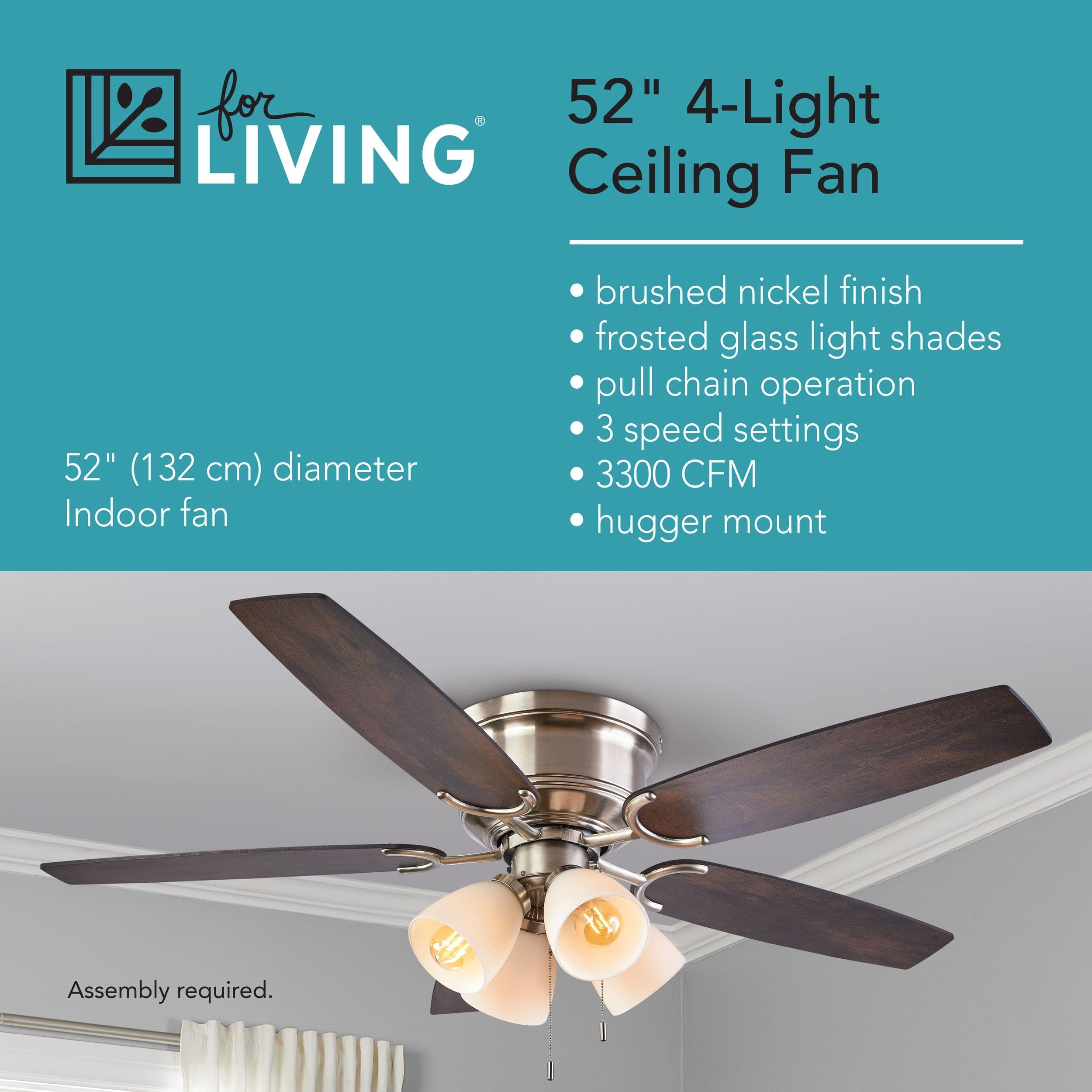 For Living 52" 5-Reversible Blade 3-Speed 4-Lights Ceiling Fan, Brushed Nickel