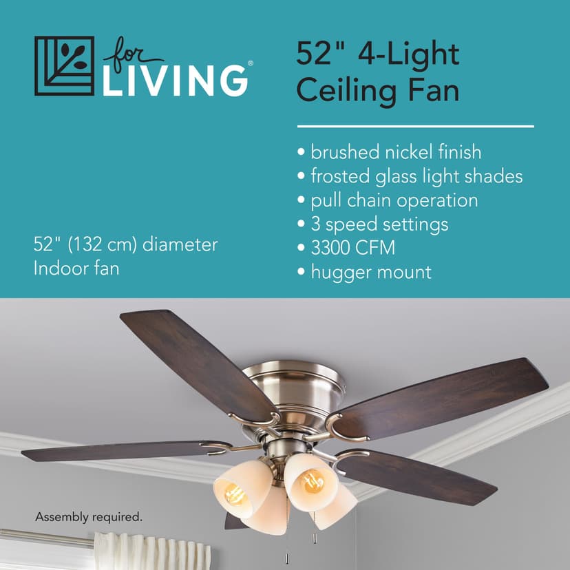 For Living 52" 5-Reversible Blade 3-Speed 4-Lights Ceiling Fan, Brushed Nickel