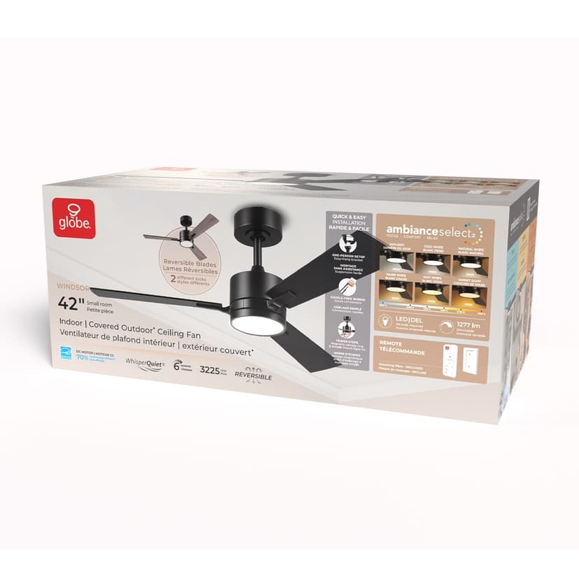 Globe Integrated LED Ceiling Fan, Matte Black, 42-in