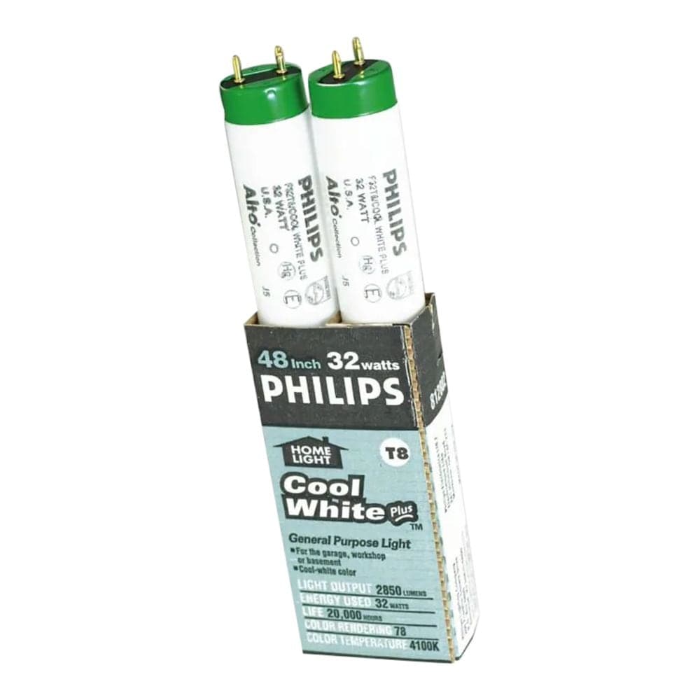 Philips T8 G13 Base Fluorescent Tube Light Bulbs, 4100K, Cool White, 32W, 48-in, 2-pk