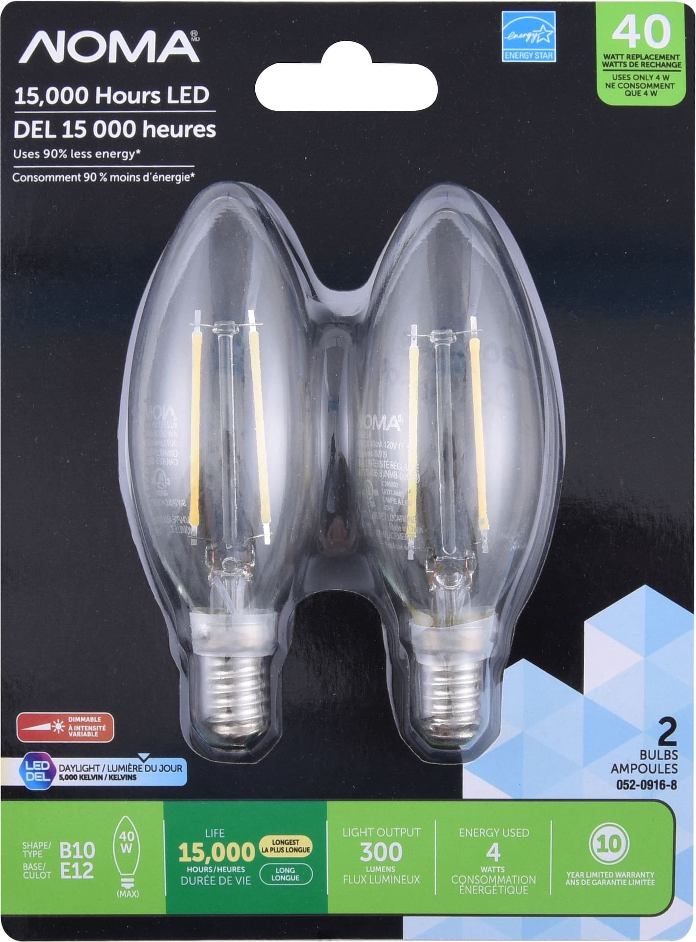 NOMA B10 E12 Base Dimmable LED Light Bulbs, 5000K, 300 Lumens, Daylight, 40W, 2-pk