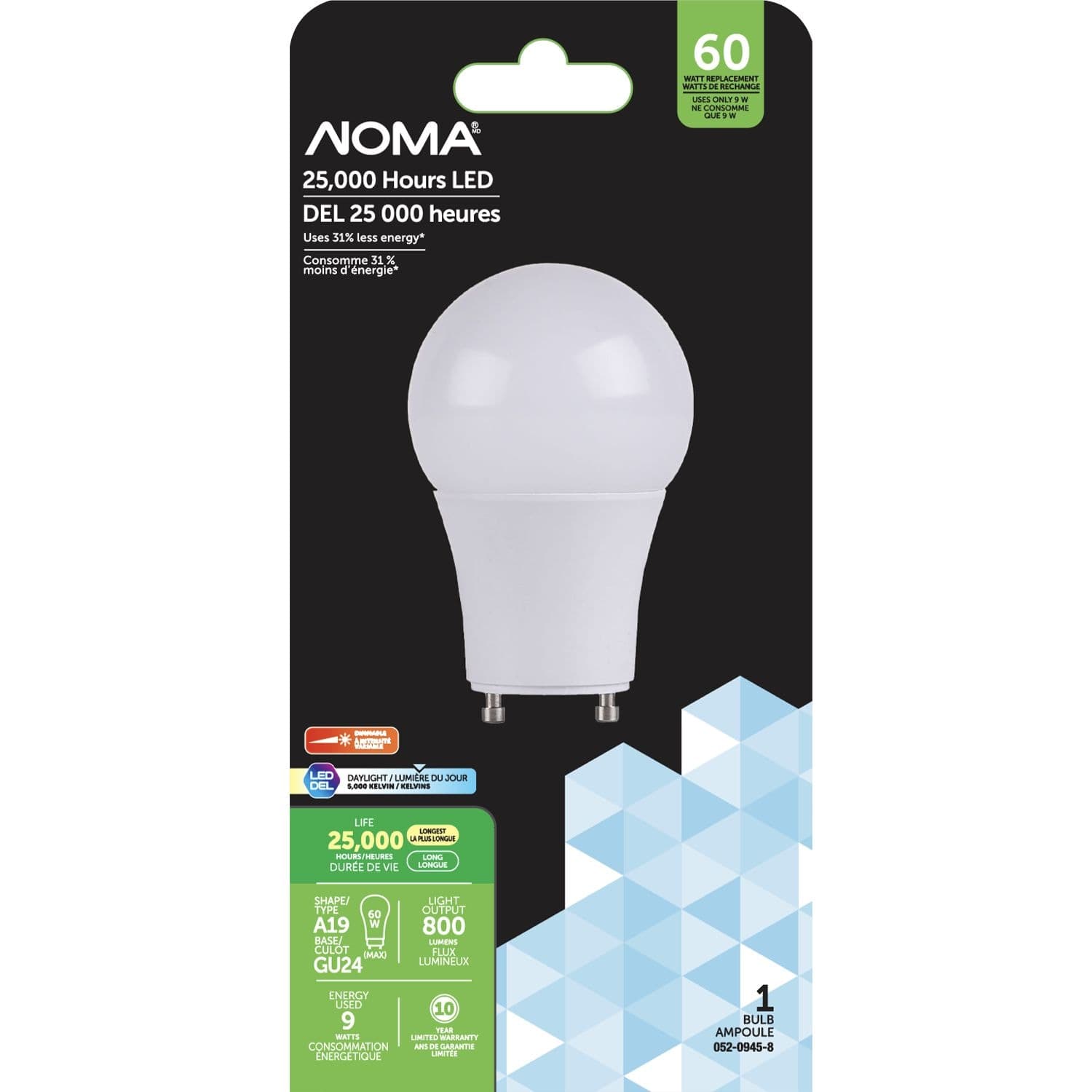 NOMA A19 GU24 Base Dimmable LED Light Bulb, 5000K, 800 Lumens, Daylight, 60W