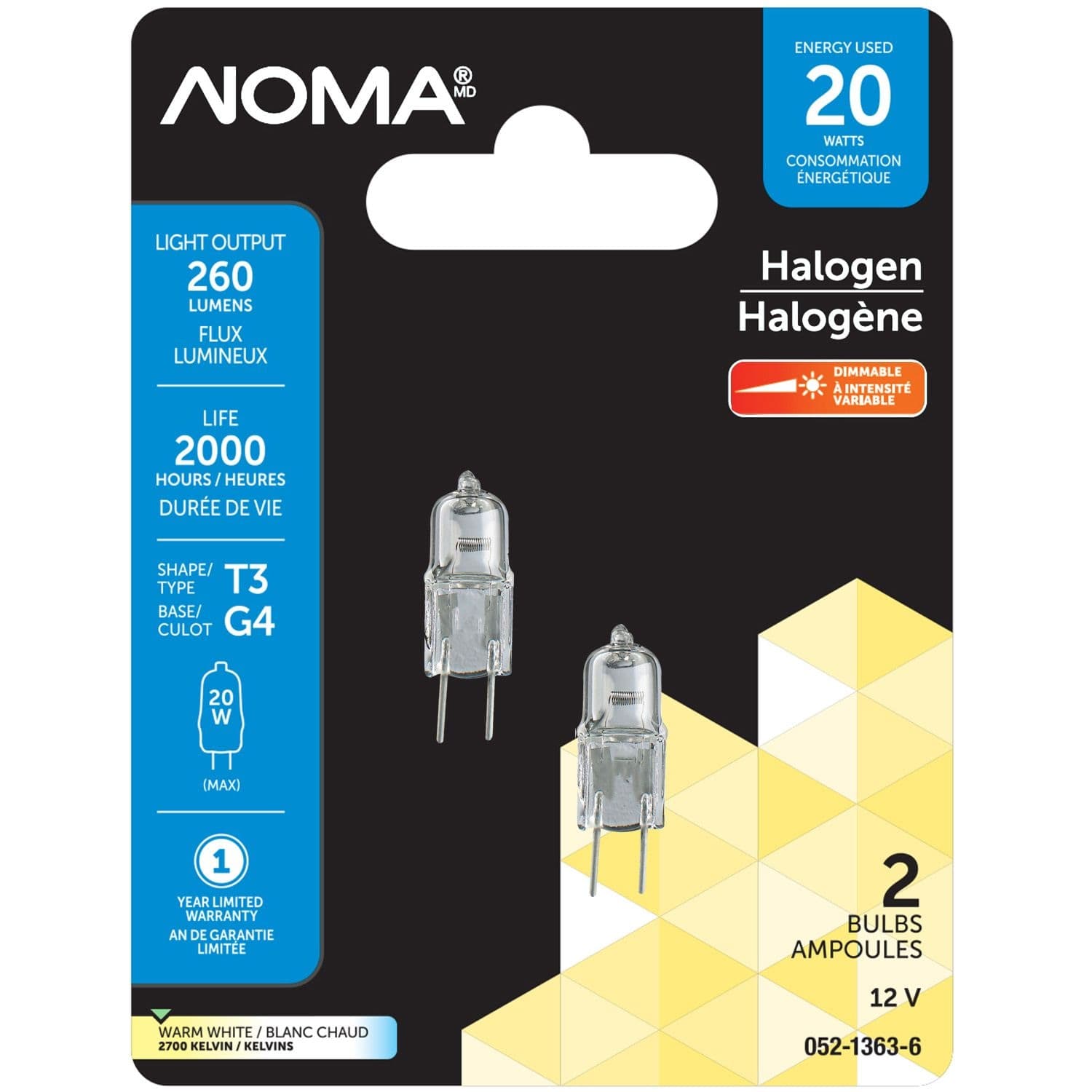 NOMA G4 Bi-Pin Base Indoor Clear Dimmable Halogen Light Bulb Lamps, 300 Lumens, 20W, 2-pk