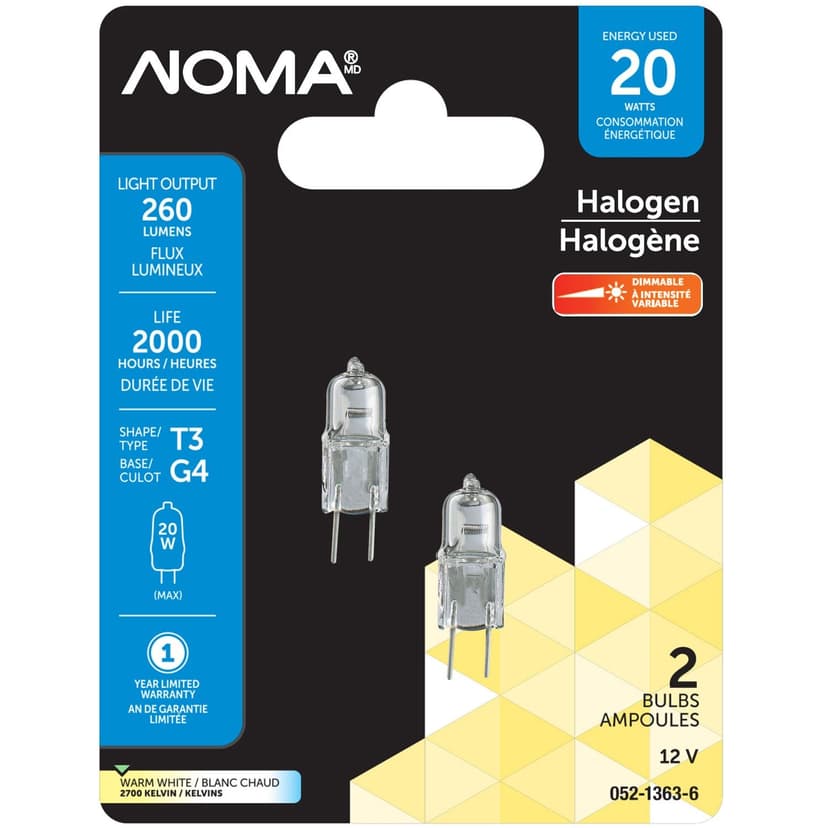 NOMA G4 Bi-Pin Base Indoor Clear Dimmable Halogen Light Bulb Lamps, 300 Lumens, 20W, 2-pk