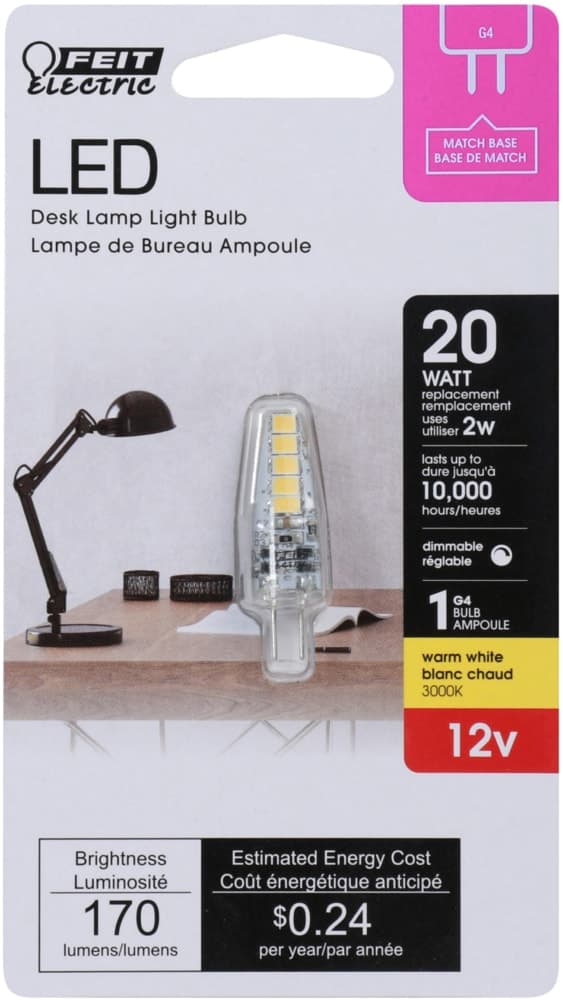 Feit Electric G4 Base Desk Lamp Dimmable LED Light Bulb, 3000K, 170 Lumens, Warm White, 20W