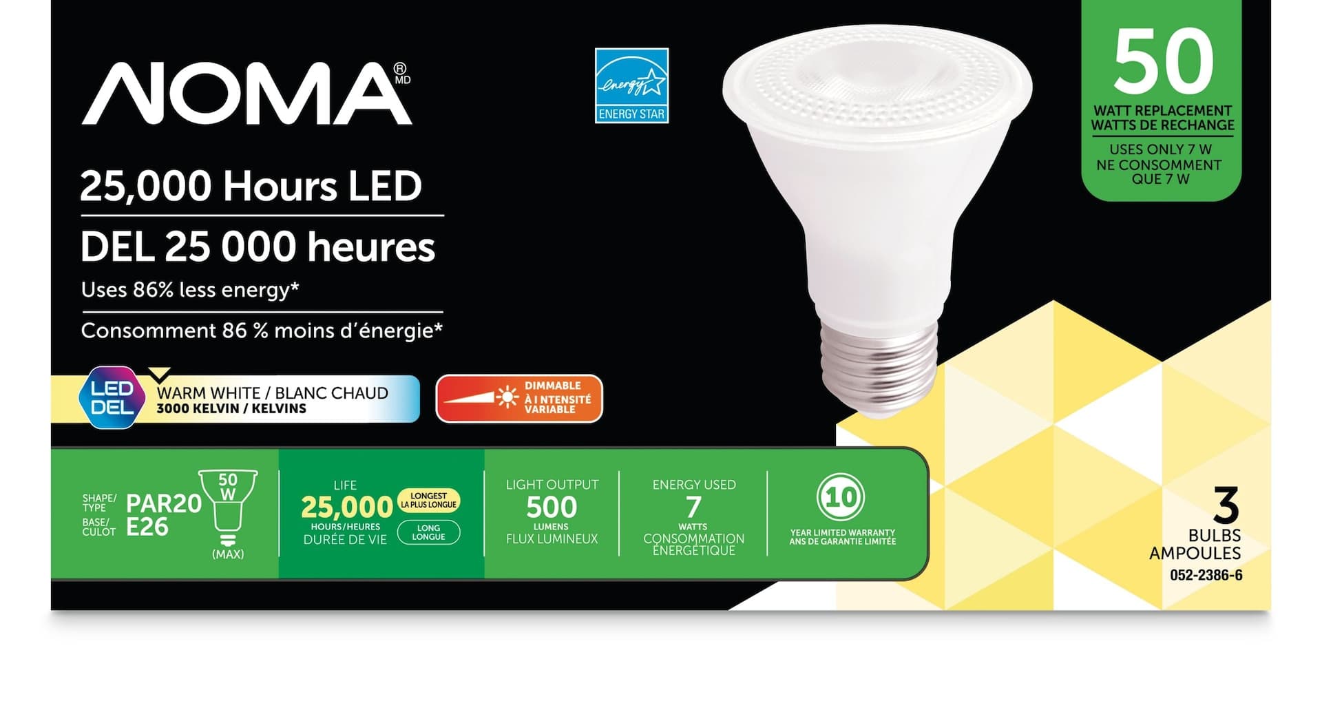 NOMA PAR20 E26 Base Dimmable LED Flood Light Bulbs, 3000K, 500 Lumens, Warm White, 50W, 3-pk