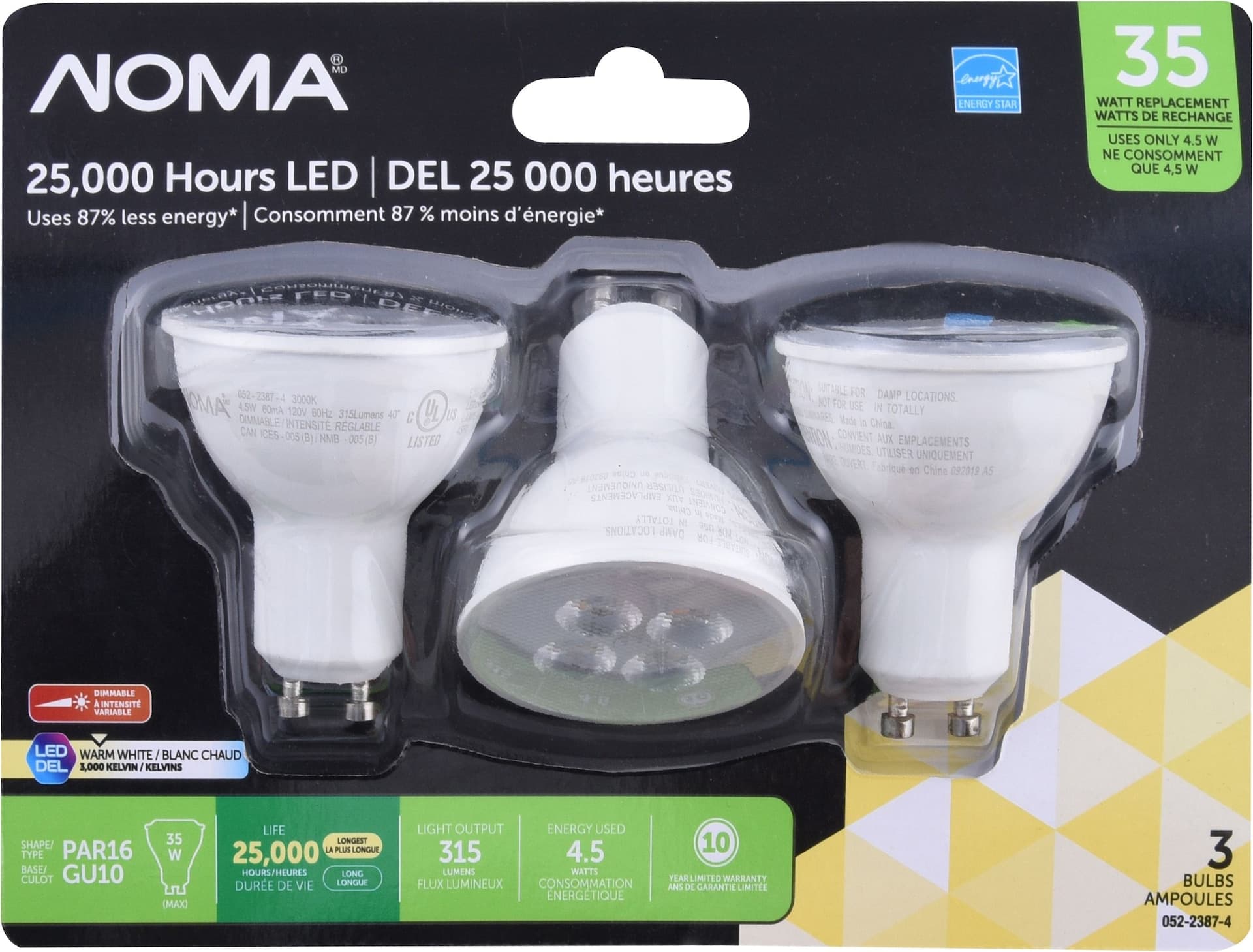 NOMA Advanced PAR16 GU10 Base Dimmable LED Flood Light Bulbs, 3000K, 315 Lumens, Warm White, 35W, 3-pk