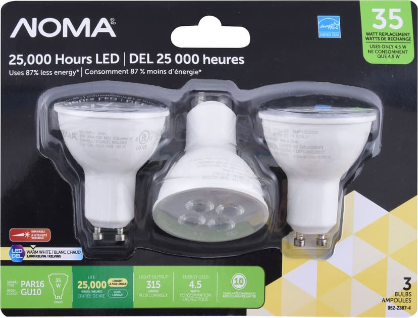 NOMA Advanced PAR16 GU10 Base Dimmable LED Flood Light Bulbs, 3000K, 315 Lumens, Warm White, 35W, 3-pk