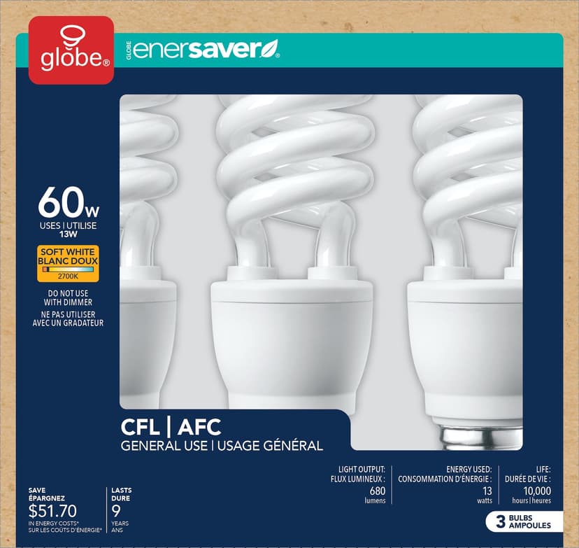 CFL Non-Dimmable Light Bulbs, Soft White, 60W, 3-pk