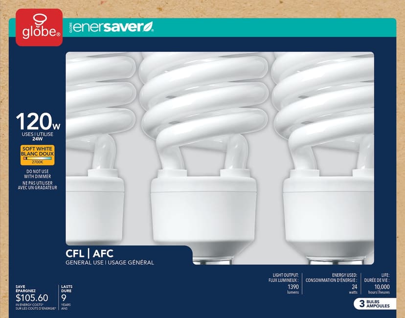 CFL Non-Dimmable Light Bulbs, 2700K, 1600 Lumens, Soft White, 120W, 3-pk