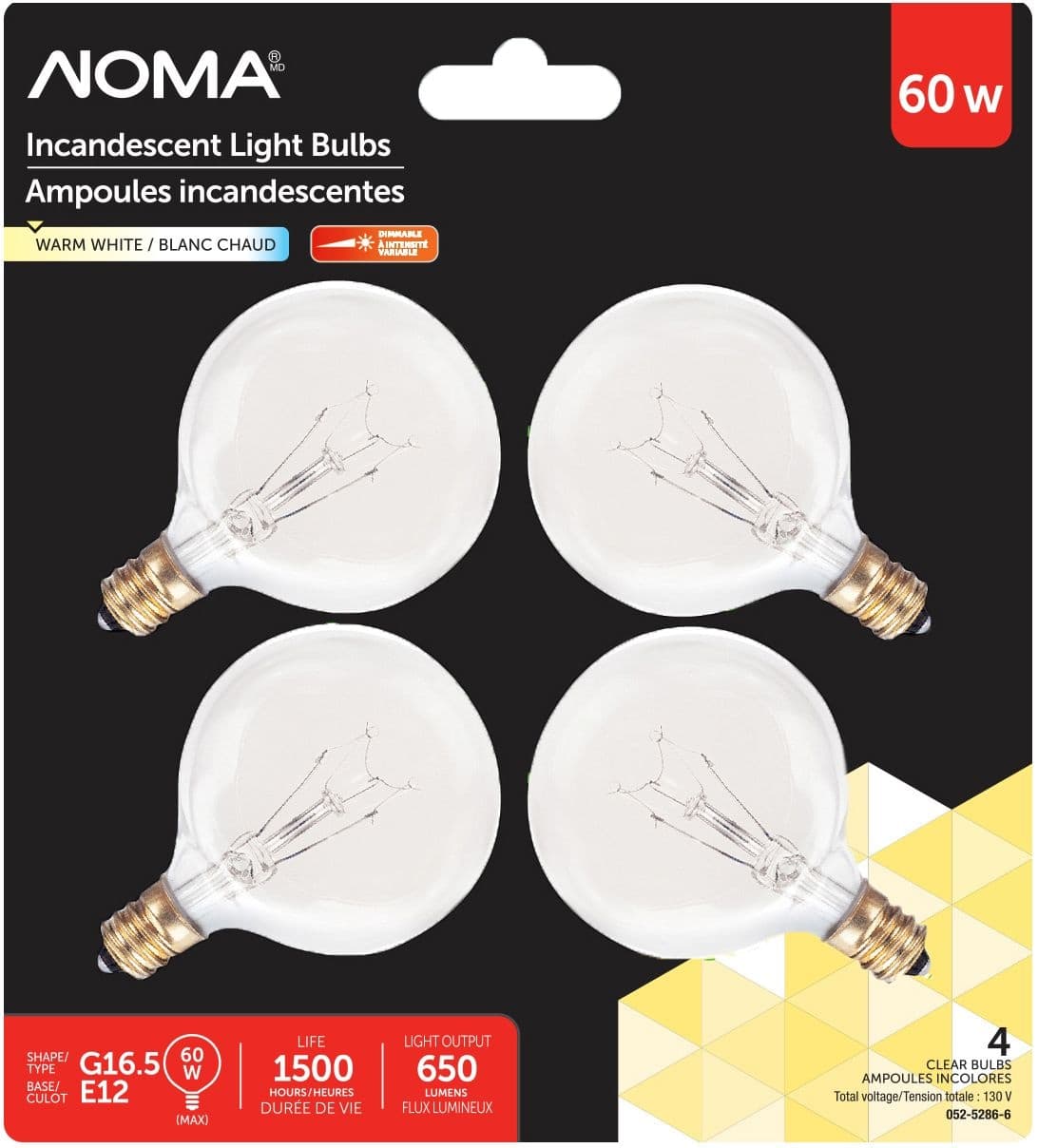 NOMA G16.5 E12 Base Vanity Dimmable Incandescent Light Bulbs, Clear Warm White, 60W, 4-Pk