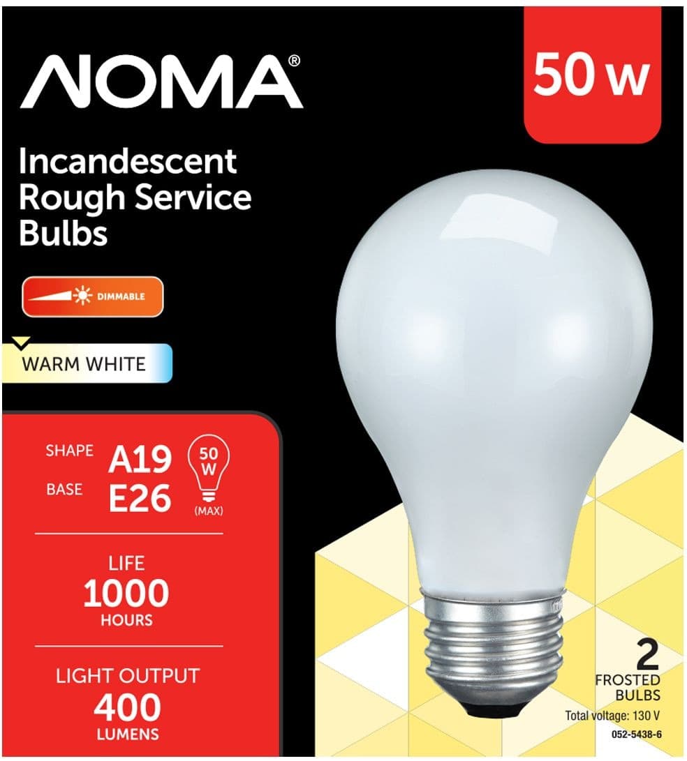 NOMA A19 E26 Base Dimmable Incandescent Light Bulbs, 400 Lumens, Warm White, 50W, 2-pk