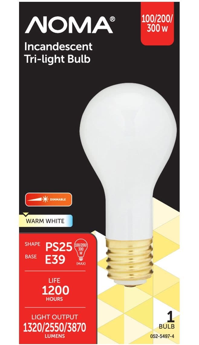 NOMA PS25 E39 Base 3-Way Trilight Dimmable Incandescent Light Bulb, Warm White, 100/200/300W