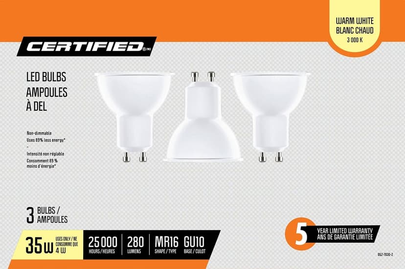 Certified LED GU10 35W Light Bulbs, 3-pk