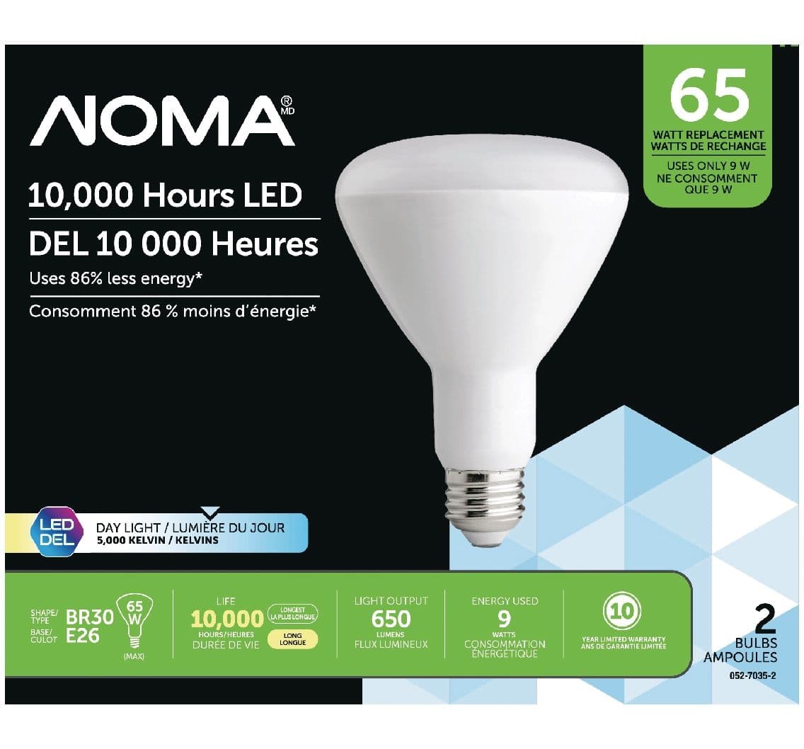 NOMA BR30 E26 Base Non-Dimmable LED Flood Light Bulbs, 5000K, 650 Lumens, Daylight, 65W, 2-pk