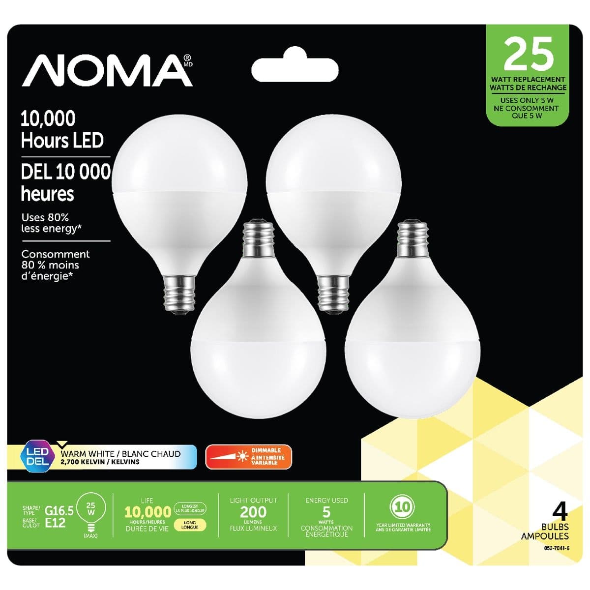 NOMA G16.5 E12 Base Globe Dimmable LED Light Bulbs, 200 Lumens, Warm White, 25W, 4-pk
