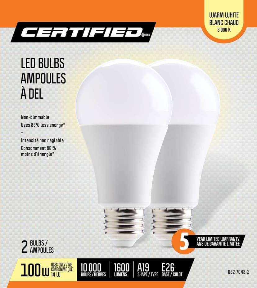 Certified A19 E26 Base Non-Dimmable LED Light Bulbs, 2700K, 1550 Lumens, Warm White, 100W, 2-pk