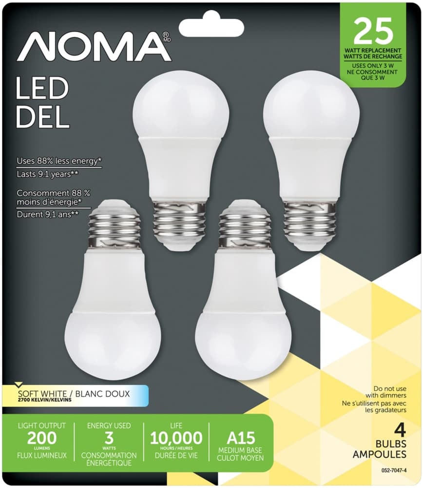 NOMA A15 E26 Base Indoor Non-Dimmable LED Light Bulbs, 2700K, 200 Lumens, Soft White, 25W, 4-pk