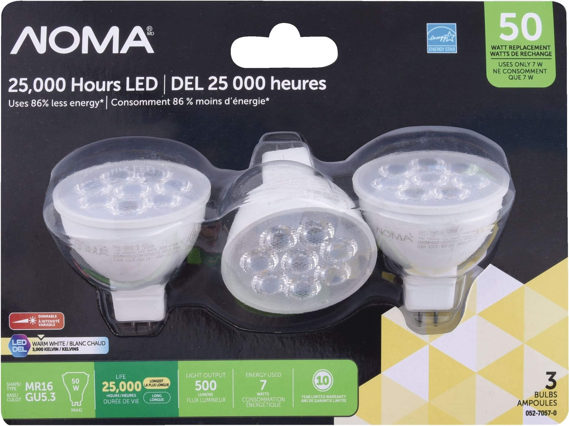 NOMA MR16 GU5.3 Base Dimmable LED Flood Light Bulbs, 3000K, 500 Lumens, Warm White, 50W, 3-pk