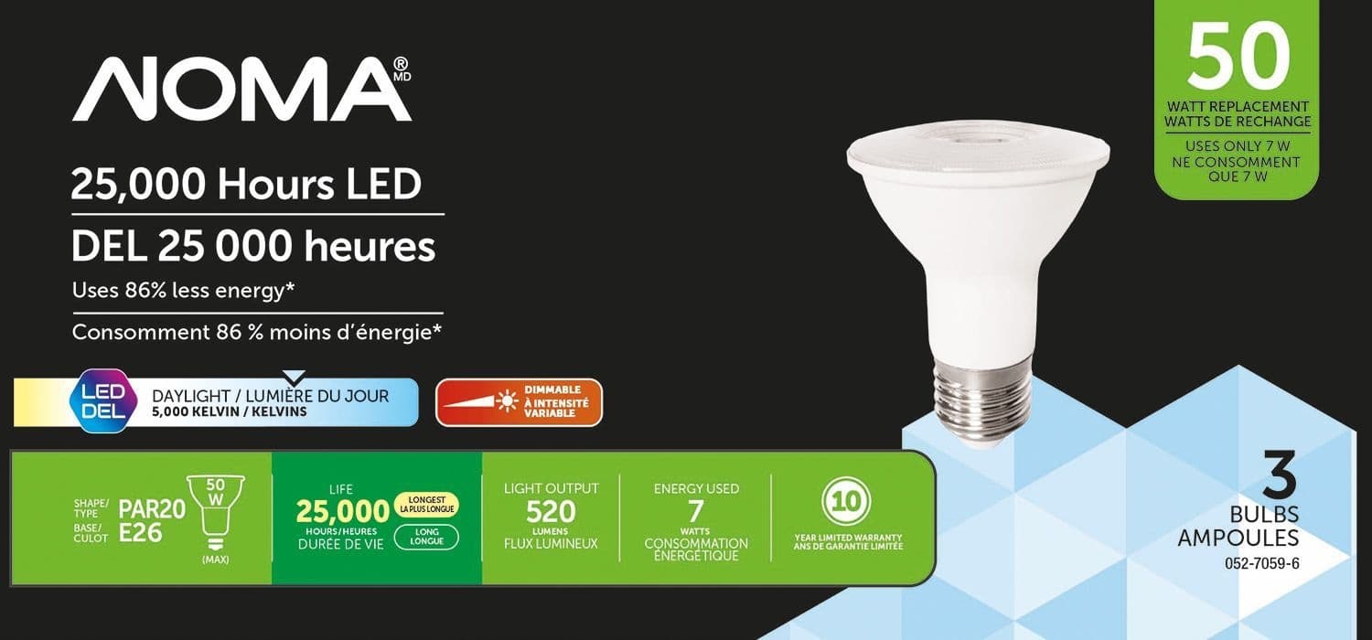 NOMA PAR20 E26 Base Dimmable LED Flood Light Bulbs, 5000K, 520 Lumens, Daylight, 50W, 3-pk