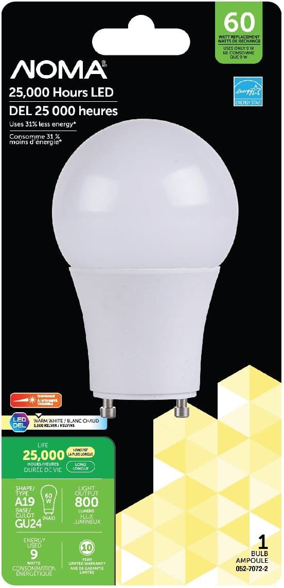 NOMA Base Dimmable LED GU24 Bulb, 3000K, 800 Lumens Light Bulb, Warm White, 60W