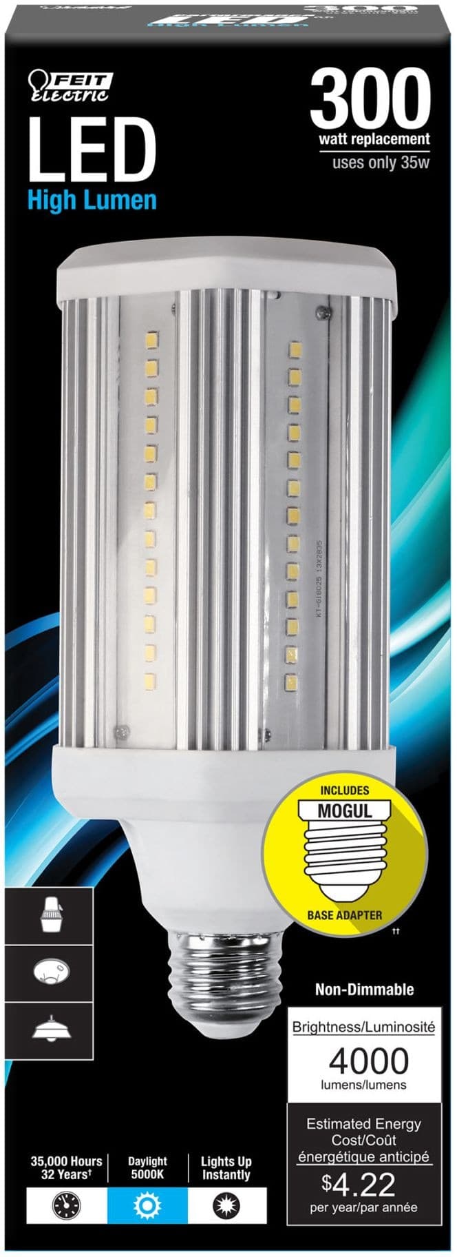 Feit Electric E26 Base Non-Dimmable LED Light Bulb & Base Adapter, 5000K, Daylight, 38W