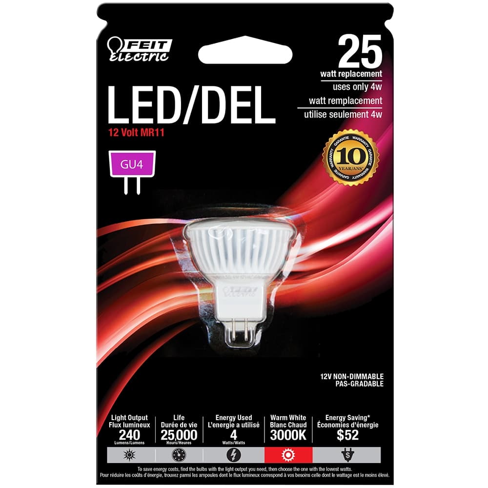 Feit Electric MR11 GU4 Bi-Pin Base Non-Dimmable LED Light Bulb, 240 Lumens, Warm White, 25W
