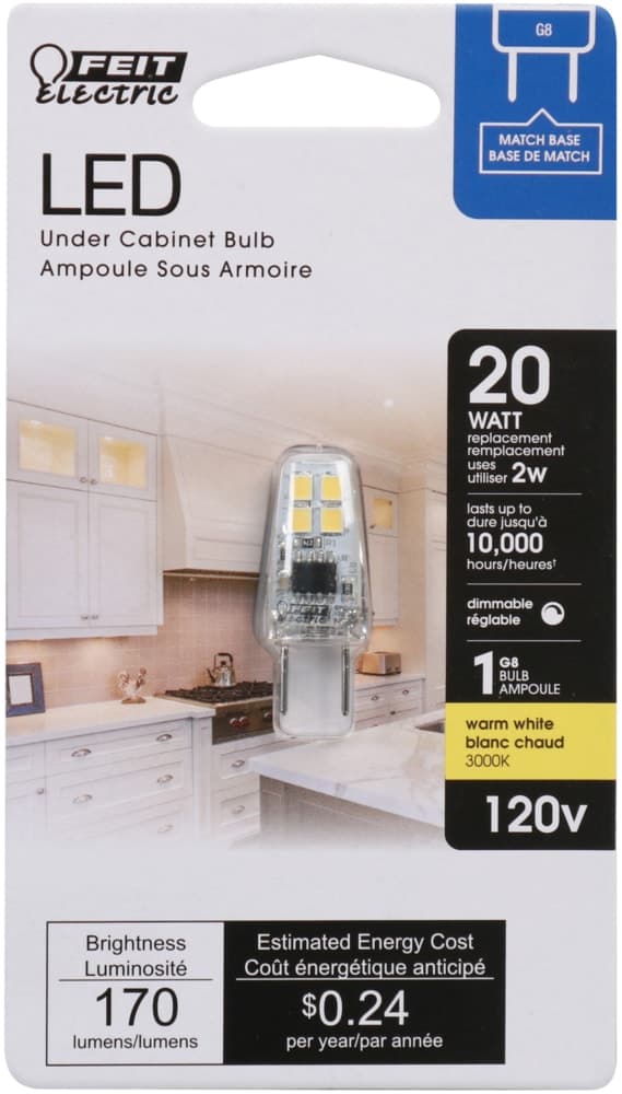 Feit Electric G8 Base Dimmable LED Light Bulb, 3000K, 170 Lumens, Warm White, 20W