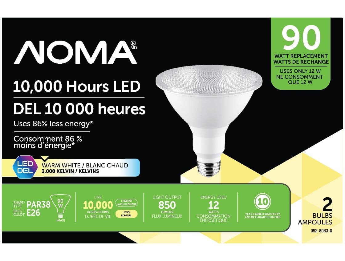 NOMA PAR38 E26 Base Non-Dimmable LED Flood Light Bulbs, 3000K, 850 Lumens, Warm White, 90W, 2-pk