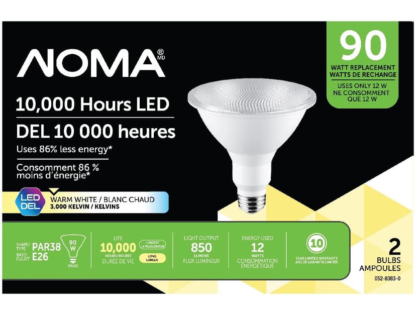 NOMA PAR38 E26 Base Non-Dimmable LED Flood Light Bulbs, 3000K, 850 Lumens, Warm White, 90W, 2-pk