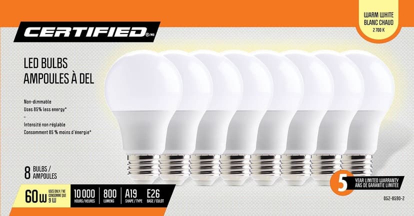 Certified A19 E26 Base Non-Dimmable LED Light Bulbs, 800 Lumens, Warm White, 60W, 8-pk