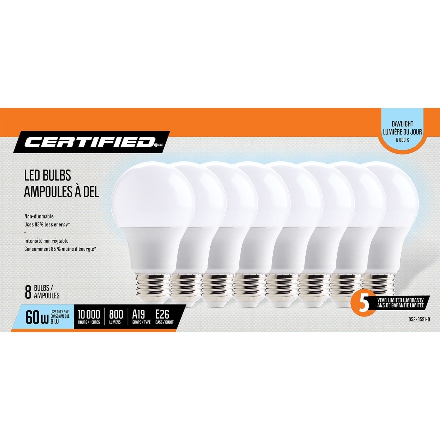 Certified A19 E26 Base Non-Dimmable LED Light Bulbs, 800 Lumens, Daylight, 60W, 8-pk