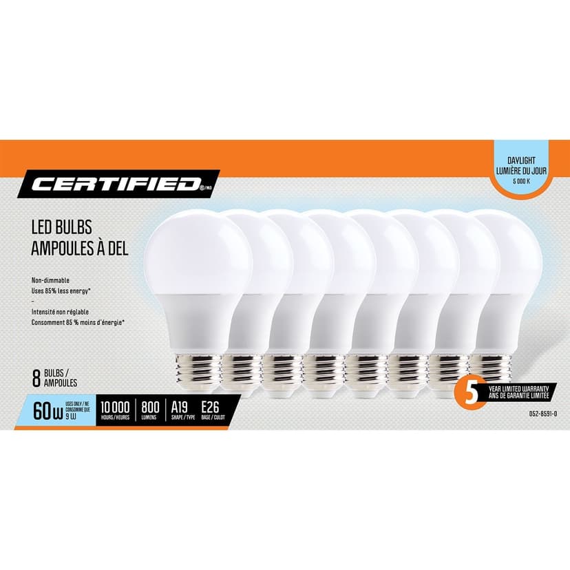 Certified A19 E26 Base Non-Dimmable LED Light Bulbs, 800 Lumens, Daylight, 60W, 8-pk