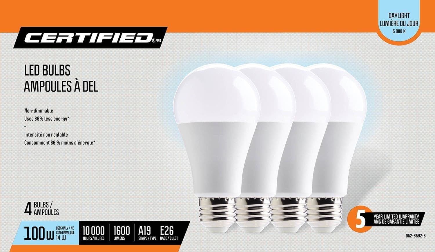 Certified A19 E26 Base Non-Dimmable LED Light Bulbs, 1550 Lumens, Daylight, 100W, 4-pk