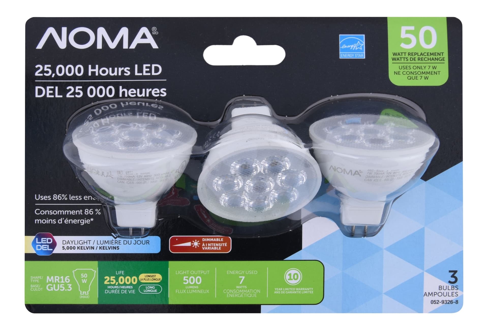 NOMA MR16 GU5.3 Base Dimmable LED Flood Light Bulbs, 5000K, 500 Lumens, Daylight, 50W, 3-pk