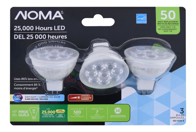 NOMA MR16 GU5.3 Base Dimmable LED Flood Light Bulbs, 5000K, 500 Lumens, Daylight, 50W, 3-pk