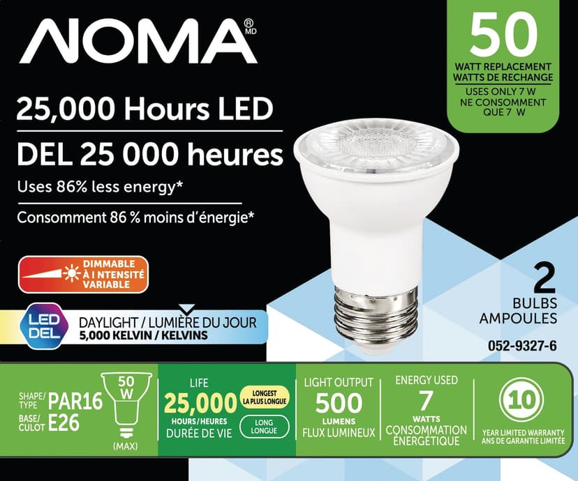 NOMA PAR16 E26 Base Dimmable LED Flood Light Bulbs, 5000K, 500 Lumens, Daylight, 50W, 2-pk