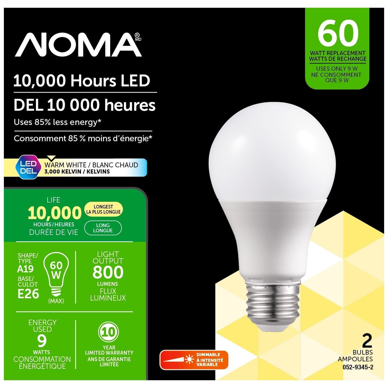 NOMA A19 E26 Base Dimmable LED Light Bulbs, 800 Lumens, Warm White, 60W, 2-pk