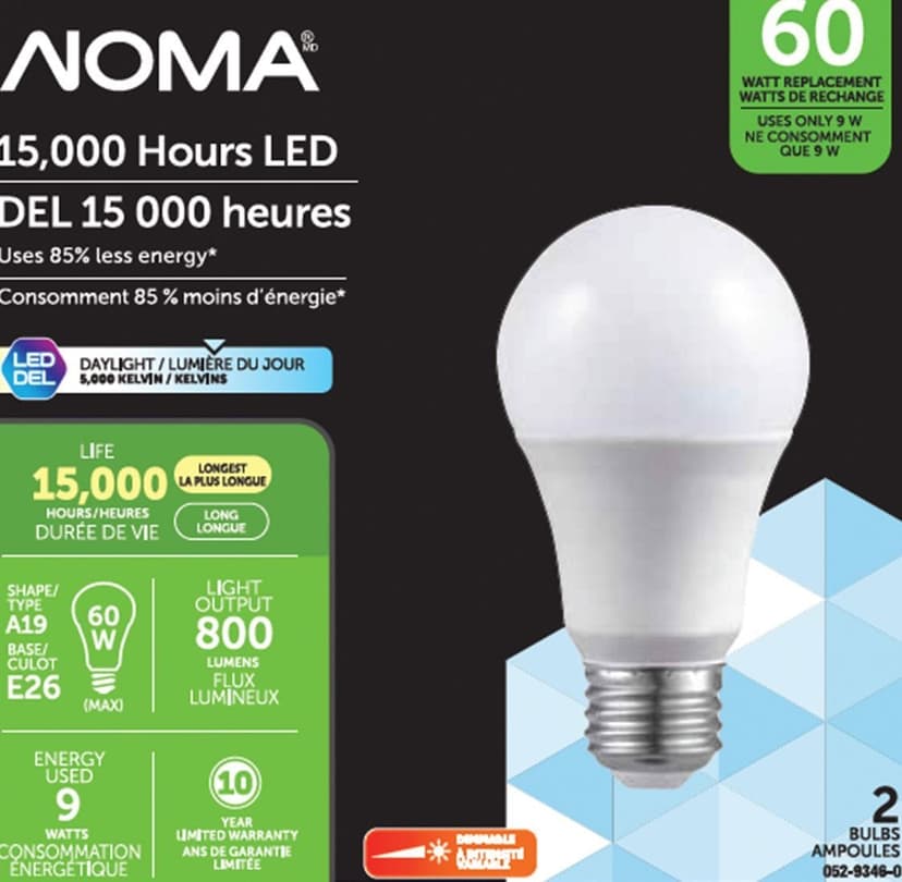 NOMA A19 E26 Base Dimmable LED Light Bulbs, 5000K, 800 Lumens, Daylight, 60W, 2-pk
