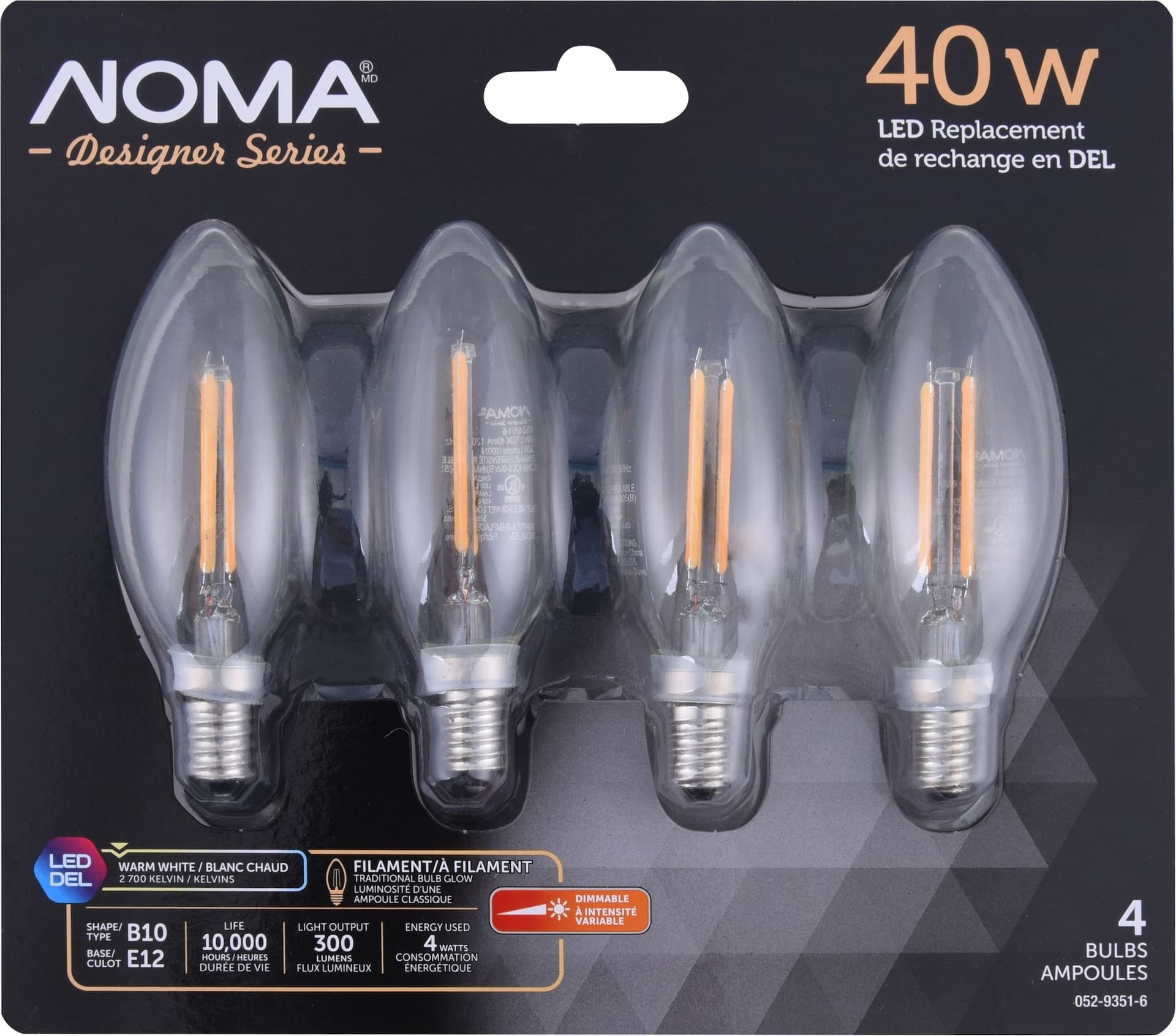 NOMA Designer Series B10 E12, Dimmable LED Light Bulbs, 300 Lumens, Warm White, 40W, 4-pk