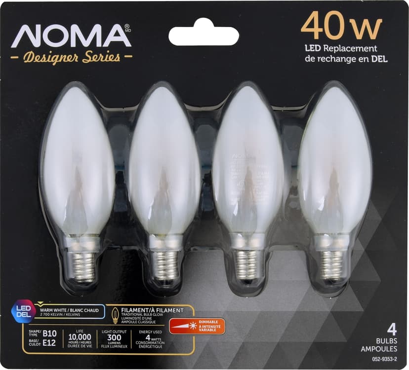 NOMA Designer Series B10 E12 Base Dimmable LED Light Bulbs Warm White, 40W, 4-pk