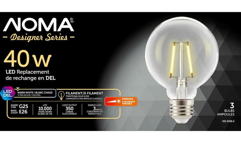 NOMA G25 E26 Base Bath/Vanity Dimmable LED Light Bulbs, 350 Lumens, Warm White, 40W, 3-pk