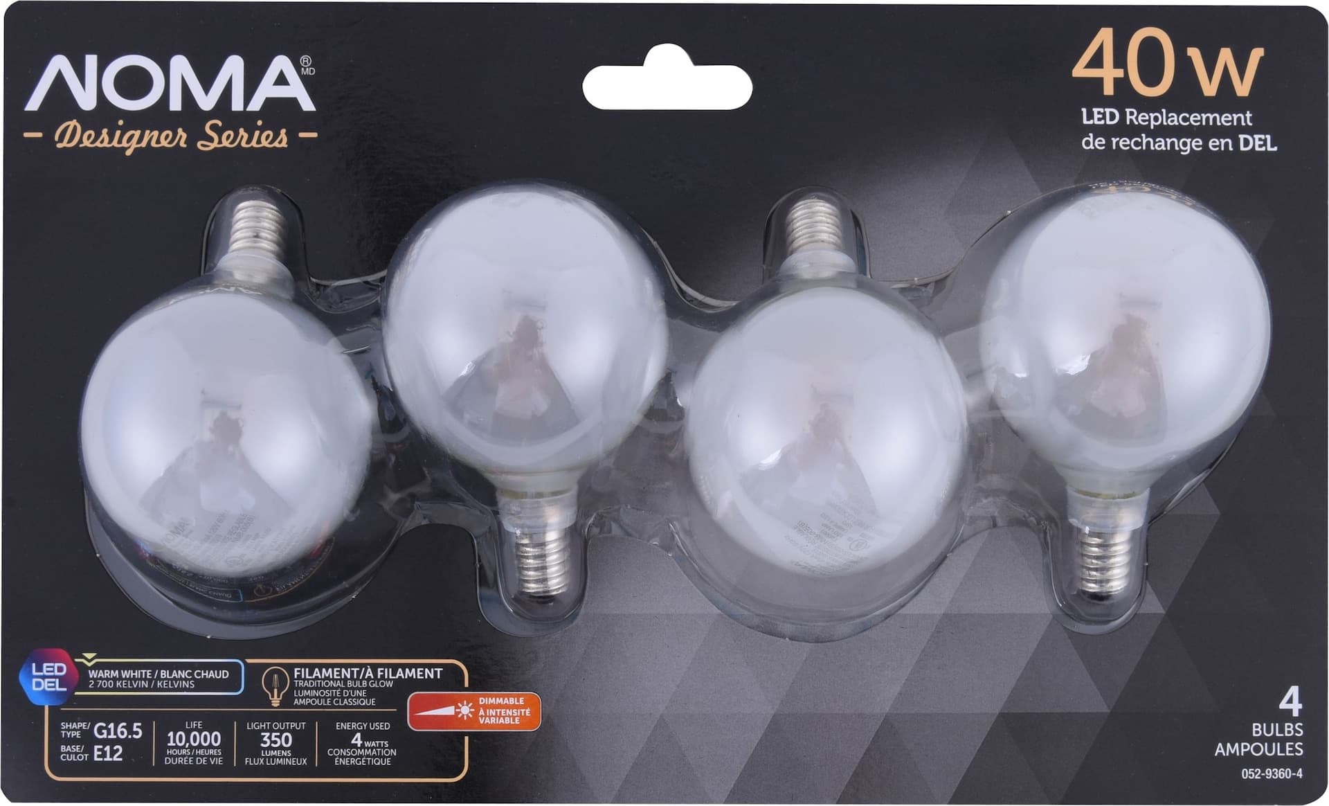 NOMA G16.5 E12 Base Dimmable LED Filament Light Bulbs, 350 Lumens, Warm White, 40W, 4-pk