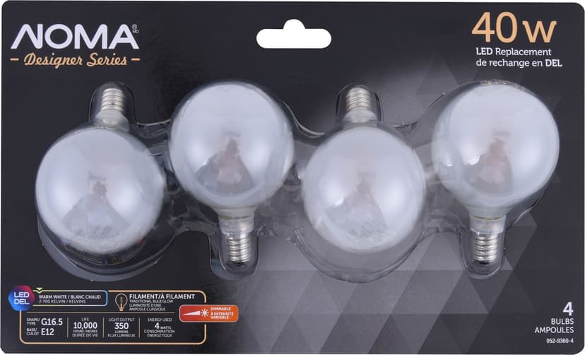 NOMA G16.5 E12 Base Dimmable LED Filament Light Bulbs, 350 Lumens, Warm White, 40W, 4-pk