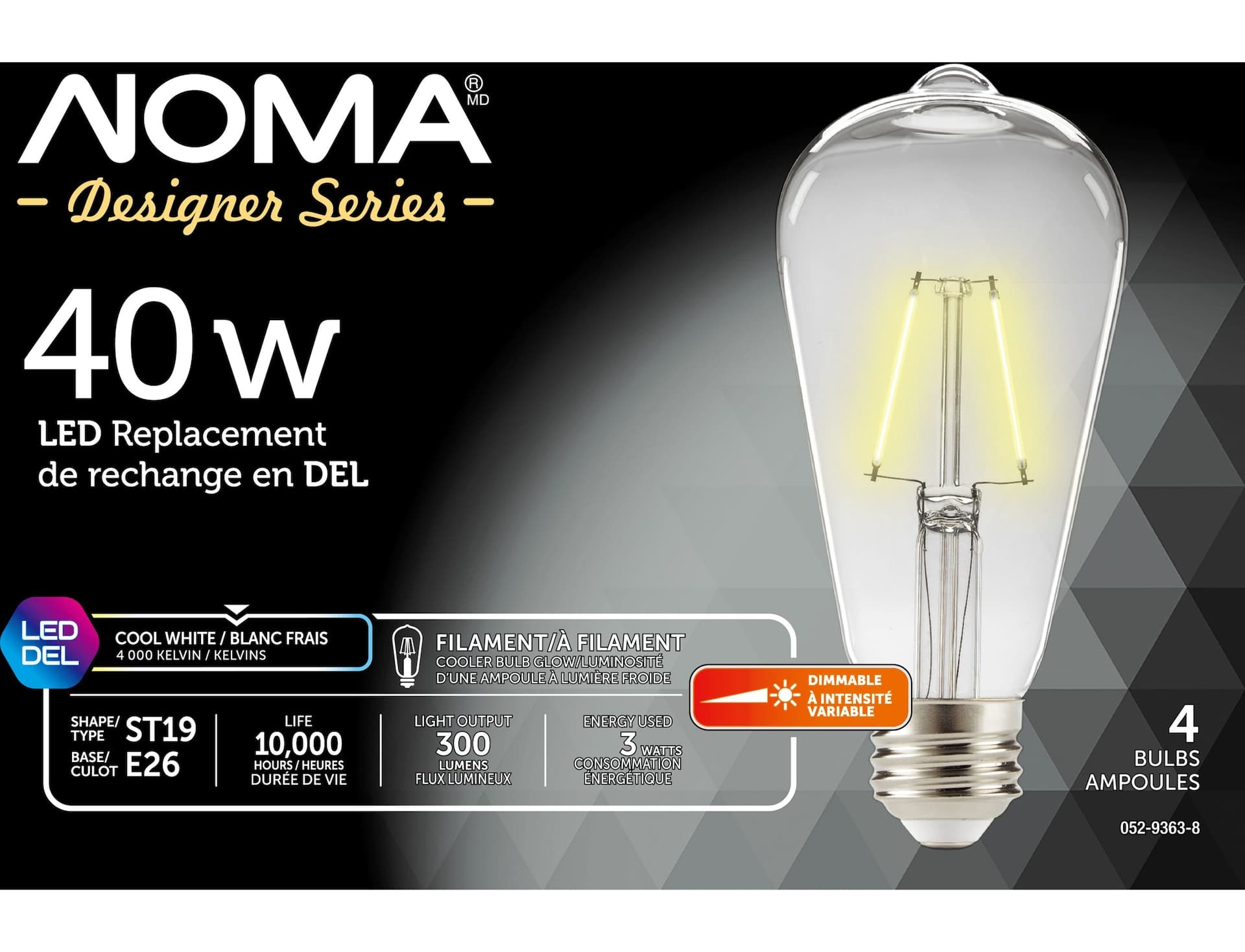 NOMA Designer Series ST19 E26 Base Dimmable LED Light Bulbs, Cool White, 40W, 4-pk