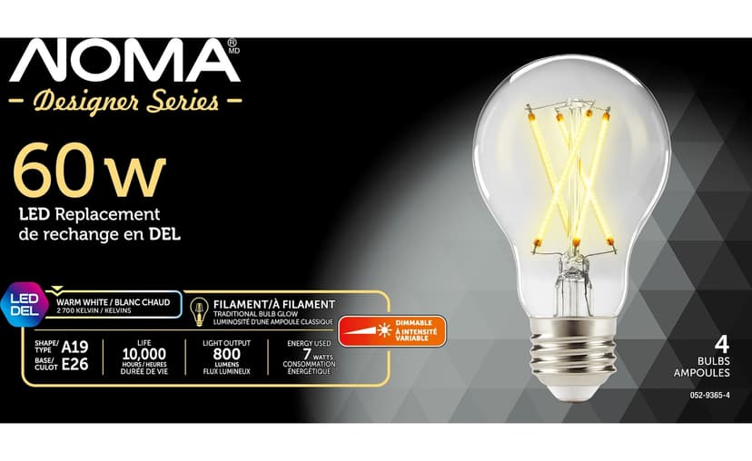 NOMA Designer Series A19 E26 Dimmable LED Filament Light Bulbs, Warm White 60W, 4-pk